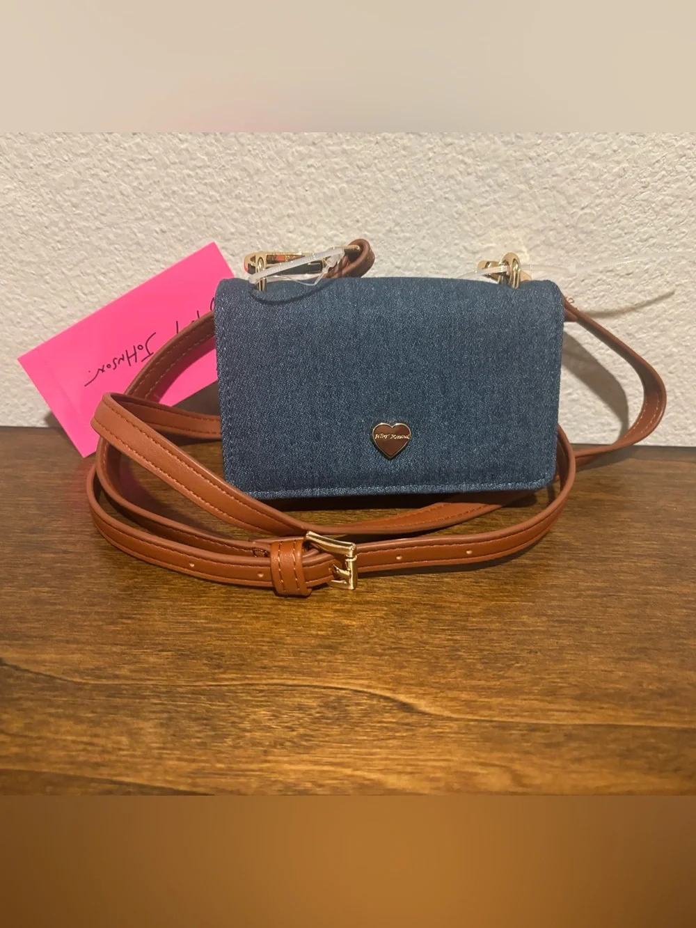 Betsey Johnson Mini Denim Crossbody with Brown Strap and Gold Tone Heart